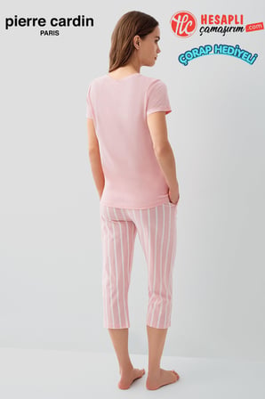Pierre Cardin Paris Premium Kadın Modal Pamuklu Rahat Kalıp Çizgili Kapri Kısa Kol Pijama Takım