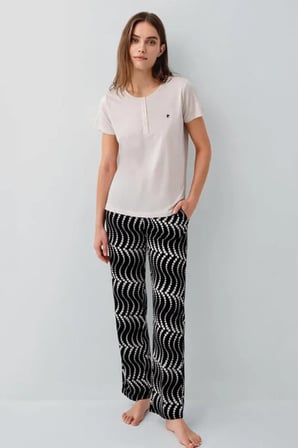 Pierre Cardin Paris Premium Kadın Rahat Modal Pamuklu Bisiklet Yaka Desenli Kısa Kol Pijama Takım