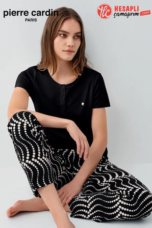 Pierre Cardin Paris Premium Kadın Rahat Modal Pamuklu Bisiklet Yaka Desenli Kısa Kol Pijama Takım