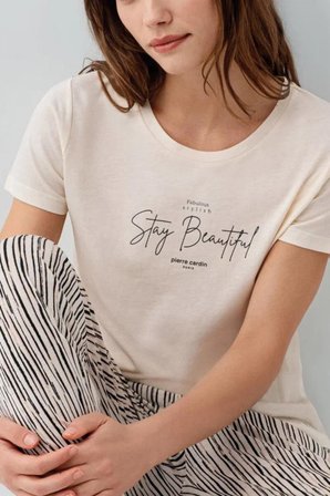 Pierre Cardin Paris Premium Büyük Beden Kadın Stay Beautiful Siyah Çizgili Kısa Kol Pijama Takım
