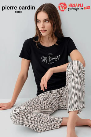 Pierre Cardin Paris Premium Büyük Beden Kadın Stay Beautiful Siyah Çizgili Kısa Kol Pijama Takım