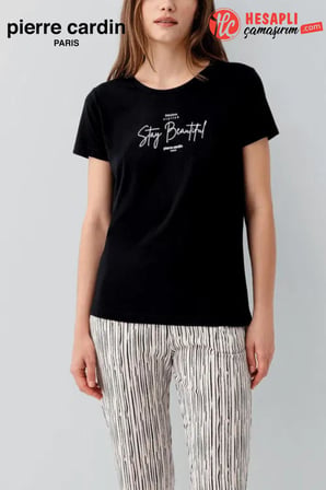 Pierre Cardin Paris Premium Büyük Beden Kadın Stay Beautiful Siyah Çizgili Kısa Kol Pijama Takım