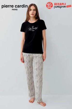 Pierre Cardin Paris Premium Büyük Beden Kadın Stay Beautiful Siyah Çizgili Kısa Kol Pijama Takım
