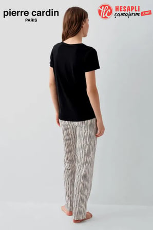 Pierre Cardin Paris Premium Büyük Beden Kadın Stay Beautiful Siyah Çizgili Kısa Kol Pijama Takım