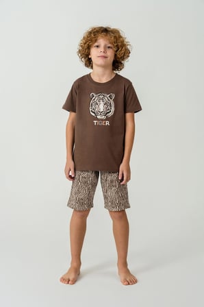 Arnetta Premium Erkek Çocuk Tiger %100 Pamuk Rahat Kısa Kollu Şortlu Baba-Oğul Pijama Takım