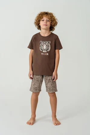Arnetta Premium Erkek Çocuk Tiger %100 Pamuk Rahat Kısa Kollu Şortlu Baba-Oğul Pijama Takım