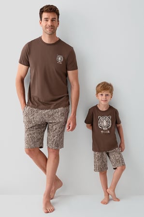 Arnetta Premium Garson Erkek Çocuk Tiger %100 Pamuk Rahat Kısa Kollu Şortlu Baba-Oğul Pijama Takım