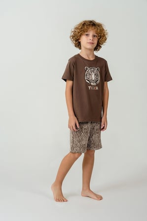 Arnetta Premium Garson Erkek Çocuk Tiger %100 Pamuk Rahat Kısa Kollu Şortlu Baba-Oğul Pijama Takım