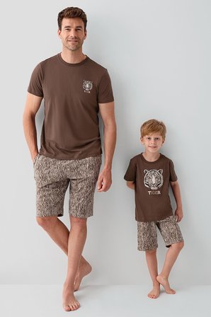 Arnetta Premium Garson Erkek Çocuk Tiger %100 Pamuk Rahat Kısa Kollu Şortlu Baba-Oğul Pijama Takım