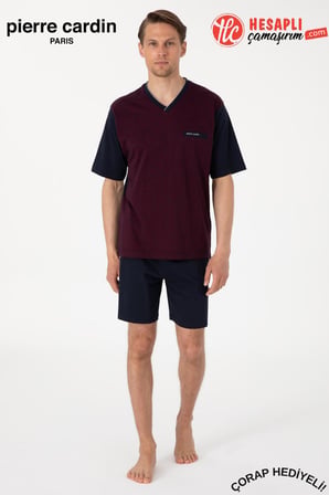 Pierre Cardin Paris Premium Erkek V Yaka Jakarlı %100 Pamuklu Kısa Kollu Şortlu Kutulu 3'lü Pijama Takım