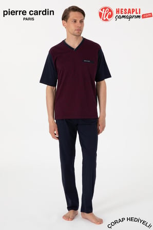 Pierre Cardin Paris Premium Erkek V Yaka Jakarlı %100 Pamuklu Kısa Kollu Şortlu Kutulu 3'lü Pijama Takım