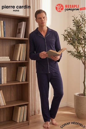 Pierre Cardin Premium Erkek %100 Pamuklu Klasik Yaka Rahat Kalıp Düğmeli Uzun Kollu Kutulu Çeyizlik Pijama Takım