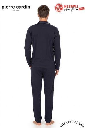 Pierre Cardin Premium Erkek %100 Pamuklu Klasik Yaka Rahat Kalıp Düğmeli Uzun Kollu Kutulu Çeyizlik Pijama Takım