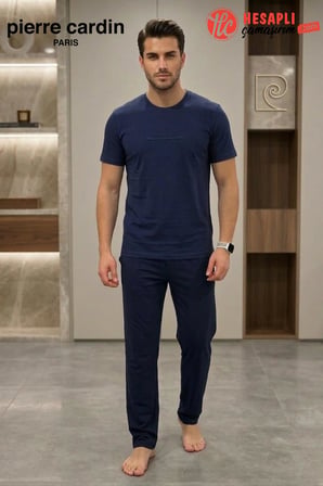 Pierre Cardin Paris Premium Erkek %100 Pamuklu Rahat Kalıp Cepli Kısa Kollu Pijama Takım