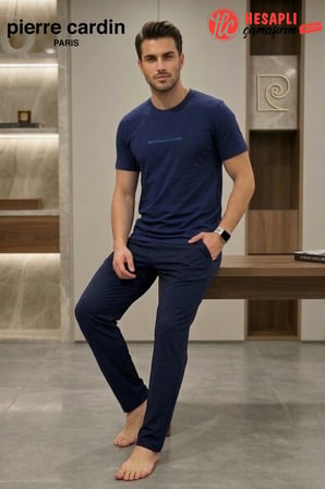 Pierre Cardin Paris Premium Erkek %100 Pamuklu Rahat Kalıp Cepli Kısa Kollu Pijama Takım