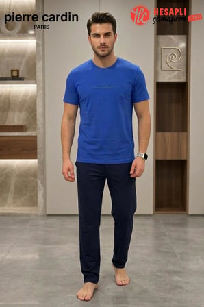 Pierre Cardin Paris Premium Erkek %100 Pamuklu Rahat Kalıp Cepli Kısa Kollu Pijama Takım