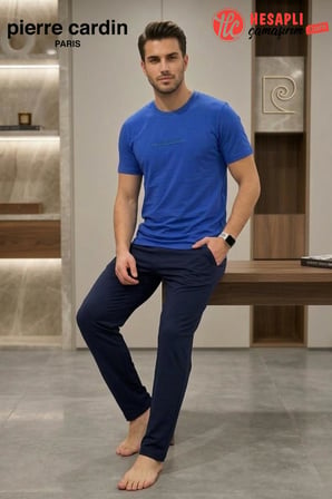 Pierre Cardin Paris Premium Erkek %100 Pamuklu Rahat Kalıp Cepli Kısa Kollu Pijama Takım