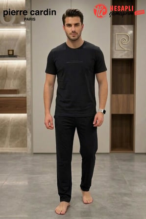 Pierre Cardin Paris Premium Erkek %100 Pamuklu Rahat Kalıp Cepli Kısa Kollu Pijama Takım