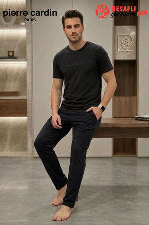 Pierre Cardin Paris Premium Erkek %100 Pamuklu Rahat Kalıp Cepli Kısa Kollu Pijama Takım