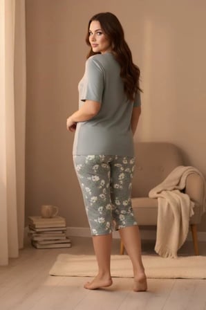 Gd Goldoremi Premium Kadın Büyük Beden Kısa Kollu Likralı Açık Yeşil Rahat Kapri Pijama Takım