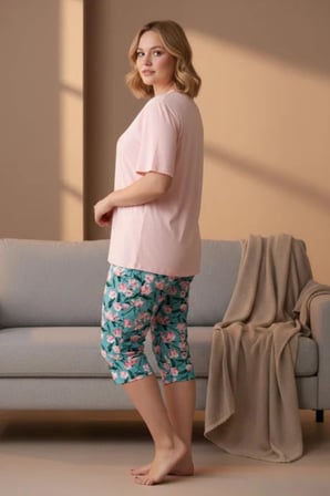 Gd Goldoremi Premium Kadın Büyük Beden Kısa Kollu Bisiklet Yaka Rahat Kalıp Kapri Pijama Takım