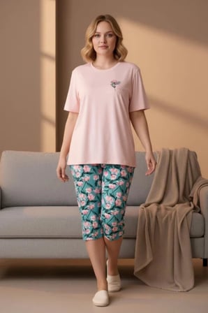 Gd Goldoremi Premium Kadın Büyük Beden Kısa Kollu Bisiklet Yaka Rahat Kalıp Kapri Pijama Takım