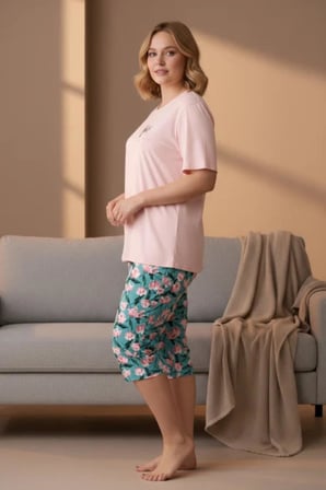 Gd Goldoremi Premium Kadın Büyük Beden Kısa Kollu Bisiklet Yaka Rahat Kalıp Kapri Pijama Takım