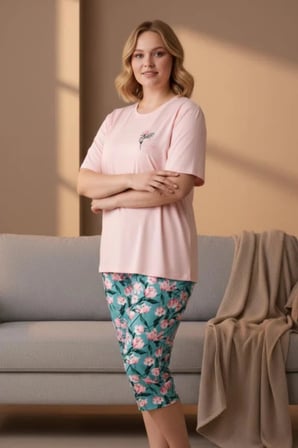 Gd Goldoremi Premium Kadın Büyük Beden Kısa Kollu Bisiklet Yaka Rahat Kalıp Kapri Pijama Takım