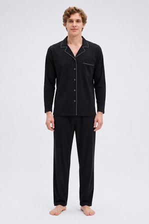 Gd Goldoremi Premium Erkek Büyük Beden Pamuklu Boydan Düğmeli Uzun Kollu Pijama Takım