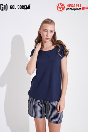 Gd Goldoremi 29154 Premium Kadın Çizgili Kısa Kollu Rahat Kesim Şortlu Pijama Takım