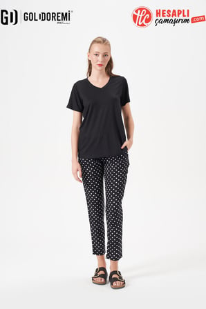 Gd Goldoremi 29149 Premium Kadın V Yaka Rahat Kesim Puantiyeli Kısa Kollu Pijama Takım