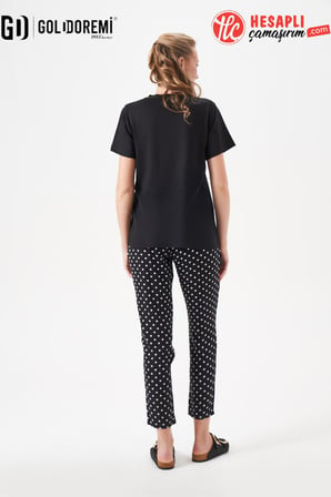 Gd Goldoremi 29149 Premium Kadın V Yaka Rahat Kesim Puantiyeli Kısa Kollu Pijama Takım