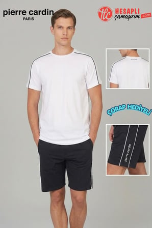 Pierre Cardin Premium Erkek Çizgili Pamuklu Rahat Kalıp Kısa Kollu Şortlu Pijama Takım Çorap Hediye