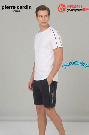 Pierre Cardin Premium Erkek Çizgili Pamuklu Rahat Kalıp Kısa Kollu Şortlu Pijama Takım Çorap Hediye
