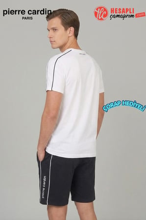 Pierre Cardin Premium Erkek Çizgili Pamuklu Rahat Kalıp Kısa Kollu Şortlu Pijama Takım Çorap Hediye