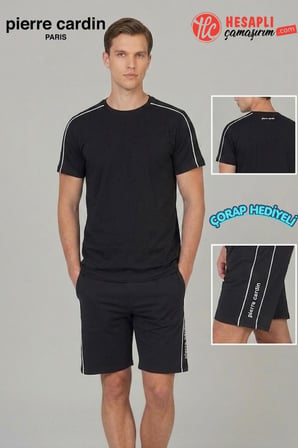 Pierre Cardin Premium Erkek Çizgili Pamuklu Rahat Kalıp Kısa Kollu Şortlu Pijama Takım Çorap Hediye