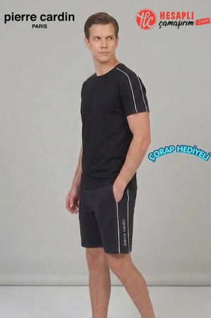 Pierre Cardin Premium Erkek Çizgili Pamuklu Rahat Kalıp Kısa Kollu Şortlu Pijama Takım Çorap Hediye