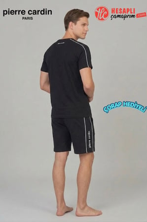 Pierre Cardin Premium Erkek Çizgili Pamuklu Rahat Kalıp Kısa Kollu Şortlu Pijama Takım Çorap Hediye