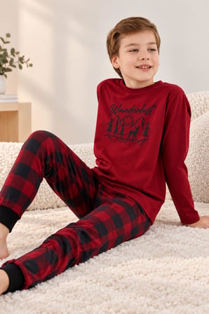 Arnetta Erkek Çocuk Pamuklu Kışlık Regular Fit Uzun Kollu Ekose Pijama Takım