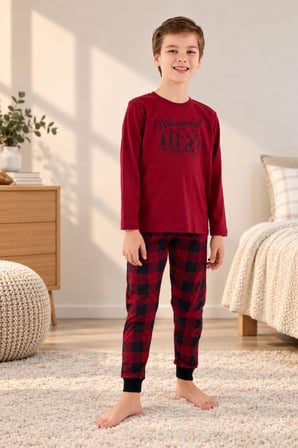Arnetta Erkek Çocuk Pamuklu Kışlık Regular Fit Uzun Kollu Ekose Pijama Takım