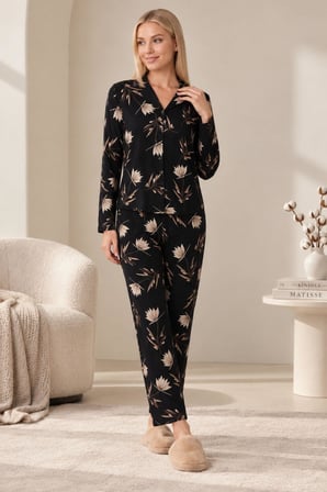 Gd Goldoremi 30185 Kadın Premium Uzun Kollu Önden Düğmeli Pijama Takım