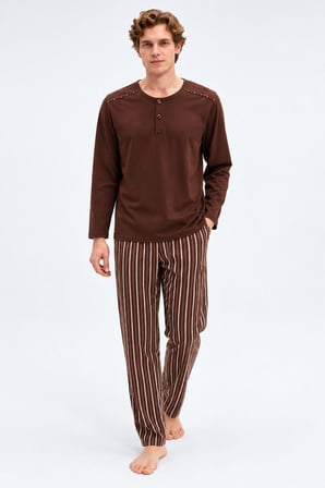 Gd Goldoremi Erkek Premium %100 Pamuklu Çizgili Rahat Kalıp Uzun Kollu Pijama Takım