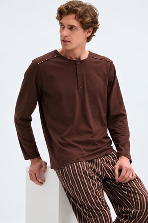 Gd Goldoremi Erkek Premium %100 Pamuklu Çizgili Rahat Kalıp Uzun Kollu Pijama Takım