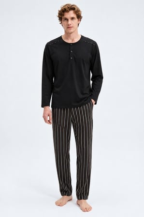 Gd Goldoremi Erkek Premium %100 Pamuklu Çizgili Rahat Kalıp Uzun Kollu Pijama Takım