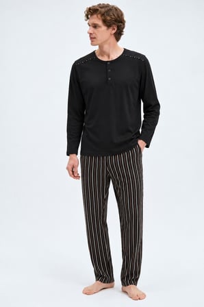 Gd Goldoremi Erkek Premium %100 Pamuklu Çizgili Rahat Kalıp Uzun Kollu Pijama Takım