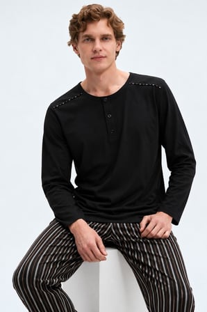 Gd Goldoremi Erkek Premium %100 Pamuklu Çizgili Rahat Kalıp Uzun Kollu Pijama Takım