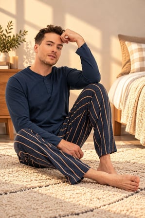 Arnetta Erkek %100 Pamuklu Düğmeli Yaka Çizgili Uzun Kollu Pijama Takım