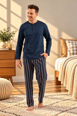 Arnetta Erkek %100 Pamuklu Düğmeli Yaka Çizgili Uzun Kollu Pijama Takım