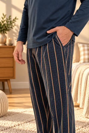 Arnetta Erkek Büyük Beden %100 Pamuklu Düğmeli Yaka Çizgili Uzun Kollu Pijama Takım