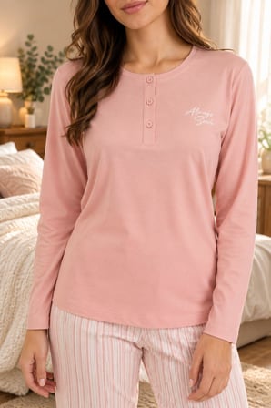 Arnetta Kadın Modal Pamuklu Rahat Kalıp Pembe Uzun Kollu Pijama Takım